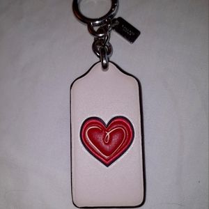 Coach leather key chain fob chalk white with red heart